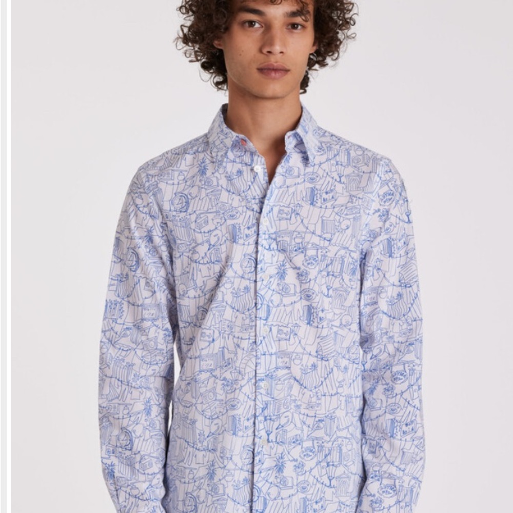 Paul Smith Capri Blue Casual Button Down Shirt with Paisley Print 💙 NWT